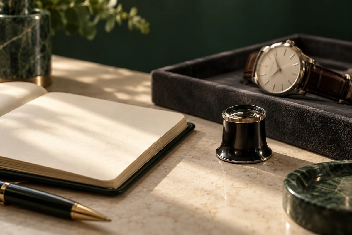 Sunlit notebook, watch tray and inspection loupe — illustrative lifestyle scene